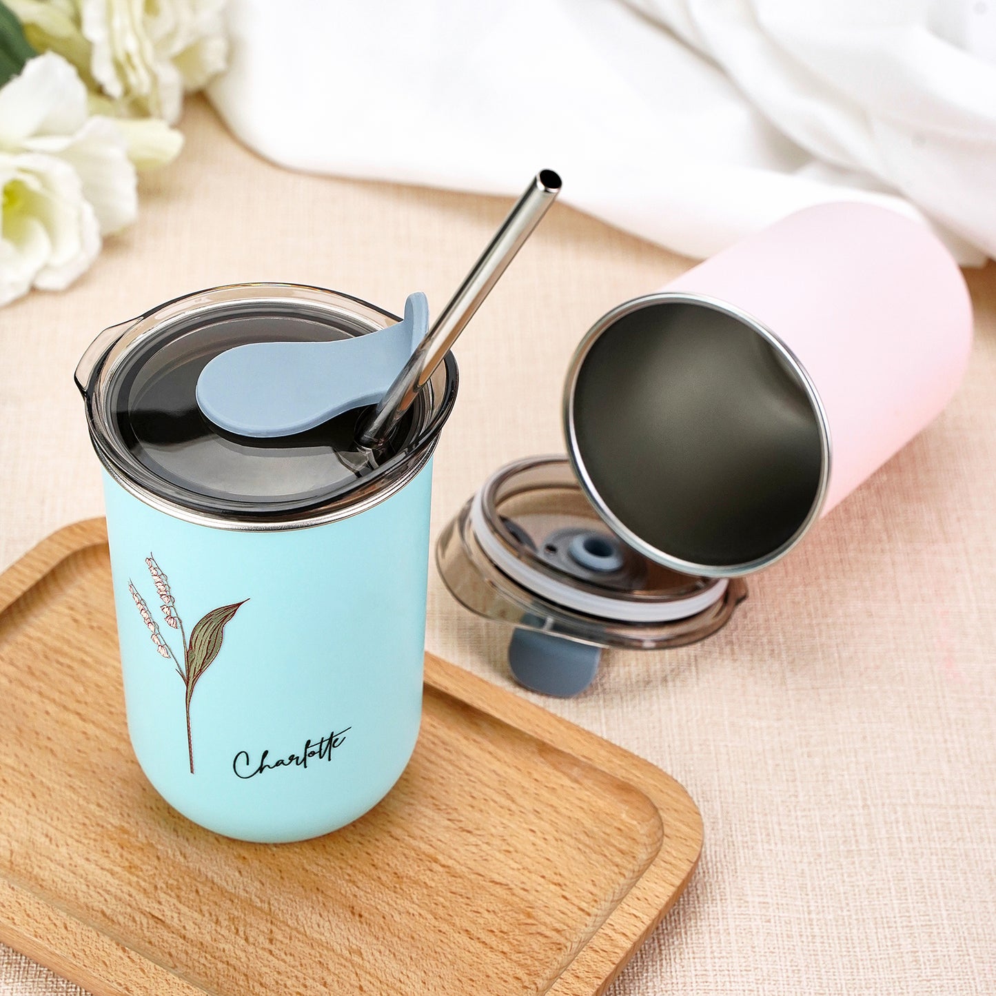 Custom Name Birth Flower Straw Coffee Cup 12oz/350ml - Personalised and Stylish