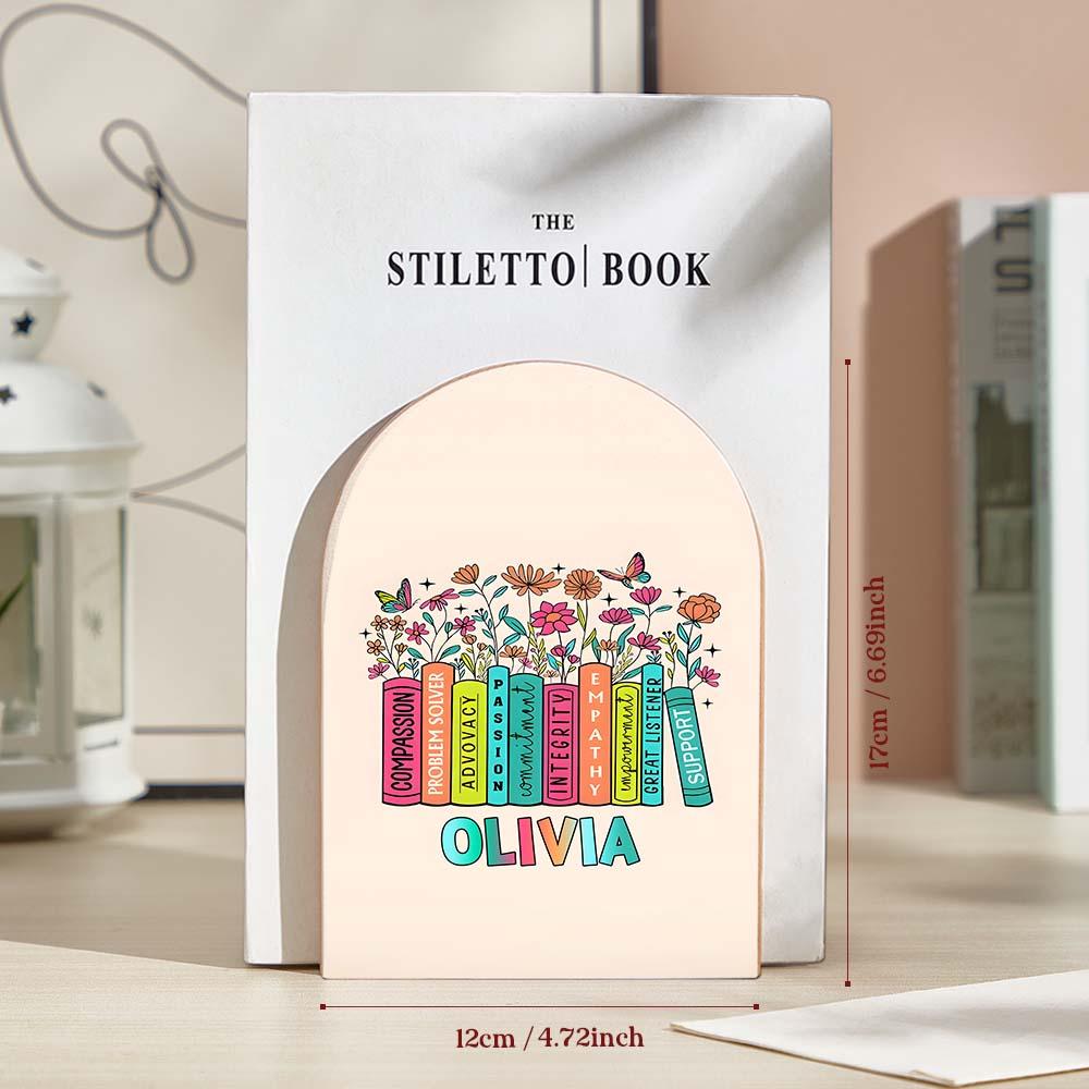 Personalised Wood Bookends with Name Floral Bookend Back to School Appreciation Gift for Teacher