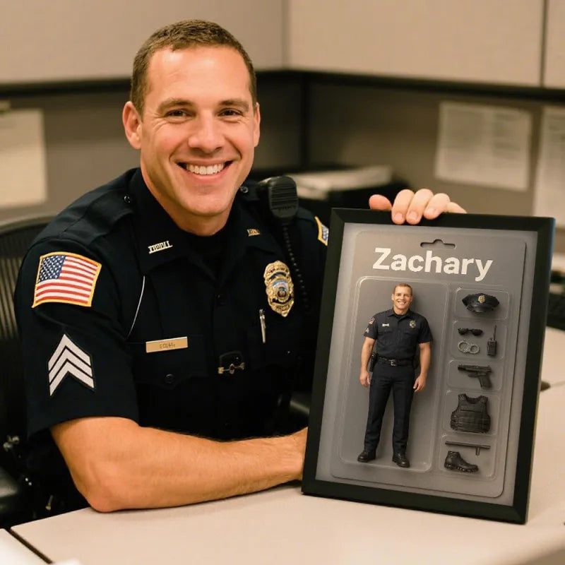 Police officer holding a framed toy figure of himself with 'Zachary' on it.