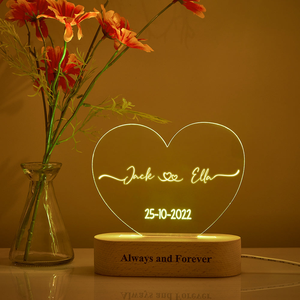 Heart Shaped Acrylic Plaque Personalised Name and Date Night Light