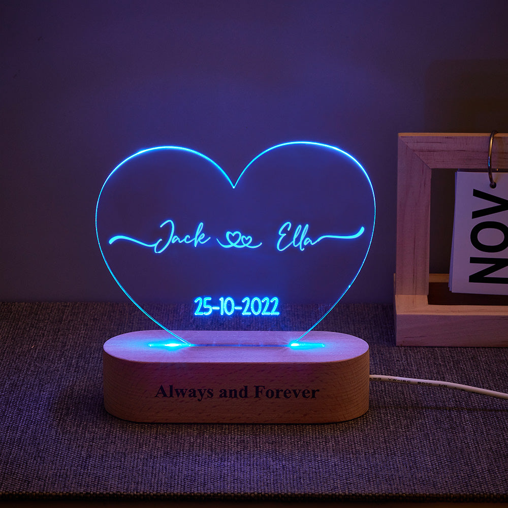Heart Shaped Acrylic Plaque Personalised Name and Date Night Light