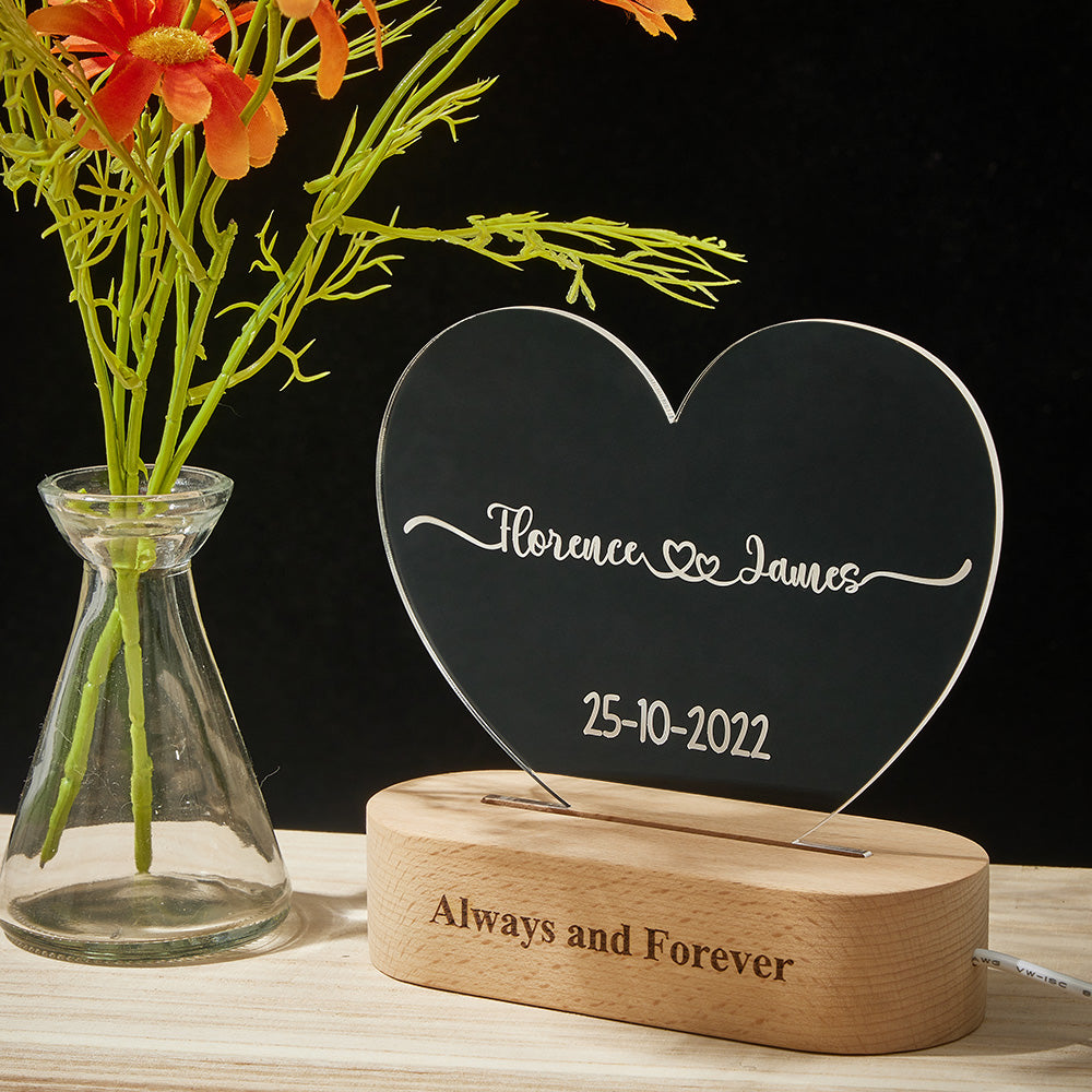 Heart Shaped Acrylic Plaque Personalised Name and Date Night Light