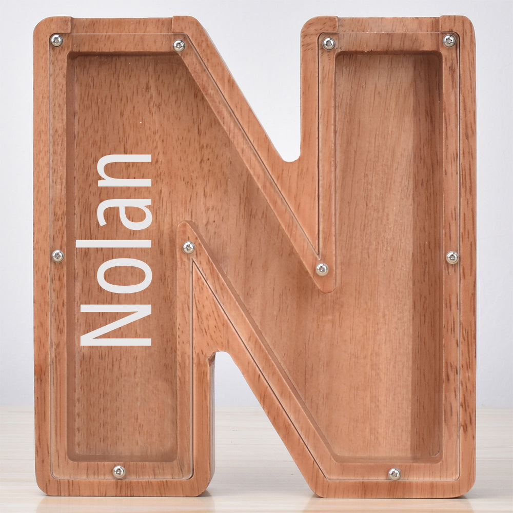 Custom Engraved Name Oak Wooden Letter Piggy Bank