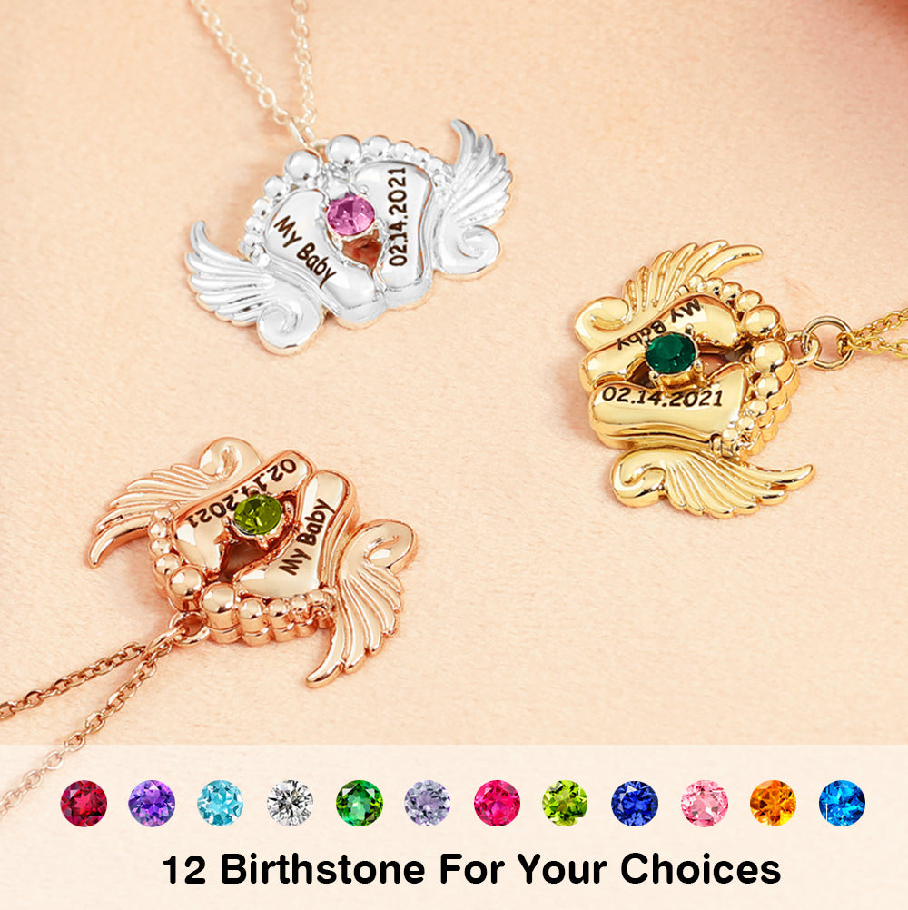 Personalised Angel Feet Locket Birthstone Necklace - 3 Colors