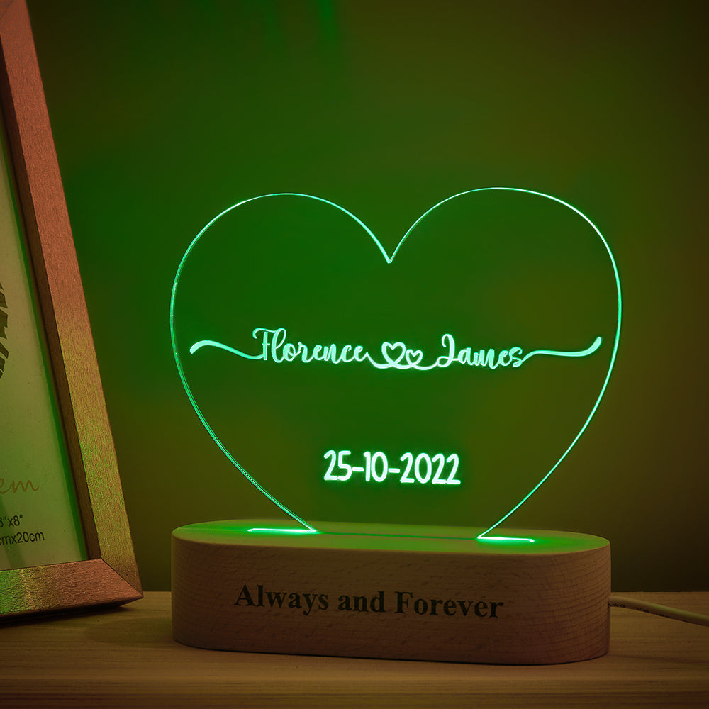 Heart Shaped Acrylic Plaque Personalised Name and Date Night Light