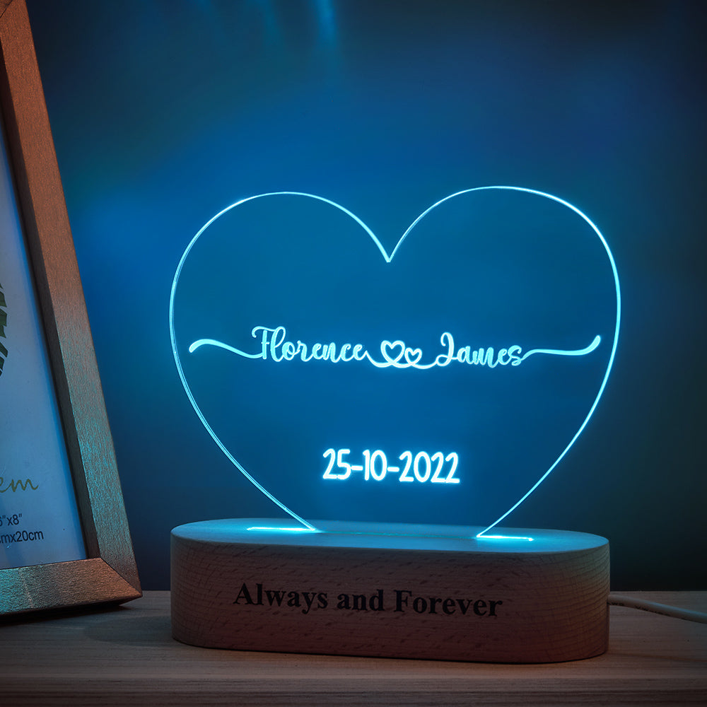Heart Shaped Acrylic Plaque Personalised Name and Date Night Light