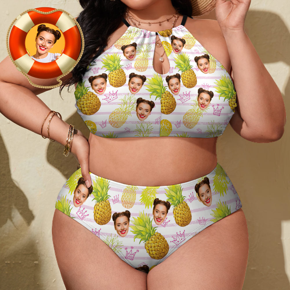 Custom Face Plus Size Swimwear Personalised Pineapple High Waist Bikini Swimsuit