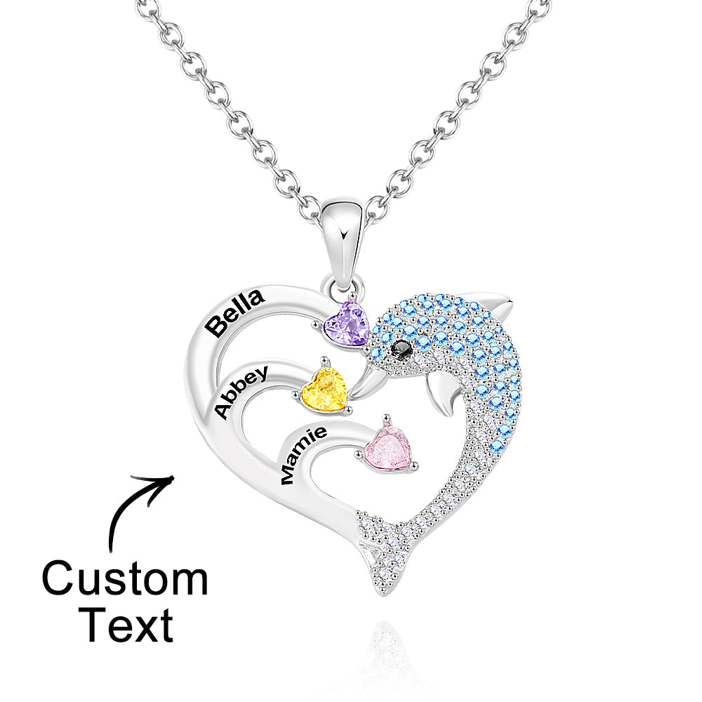 Custom Engraved Three Names Necklace Personalised Birthstone Dolphin Heart Pendant Necklace