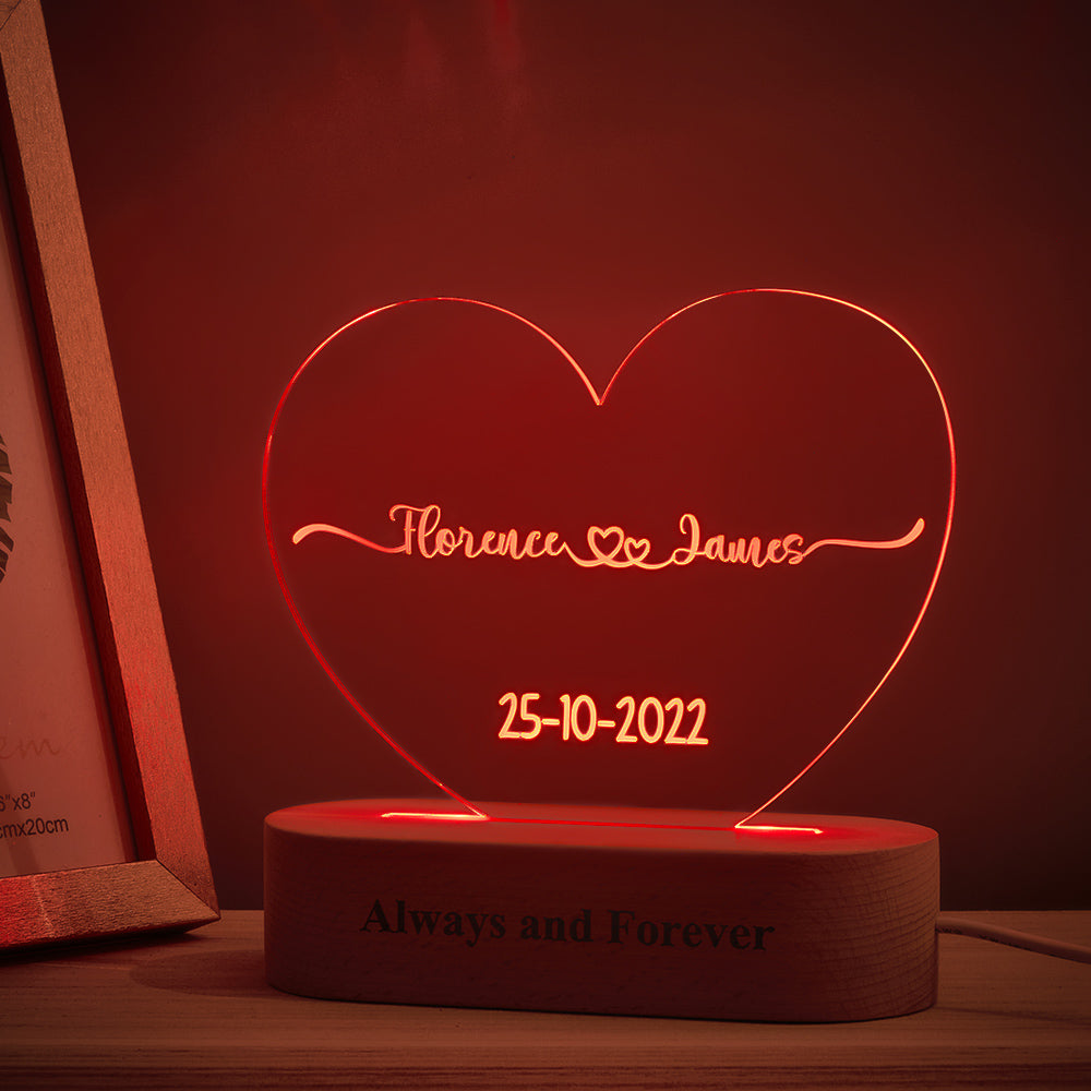 Heart Shaped Acrylic Plaque Personalised Name and Date Night Light