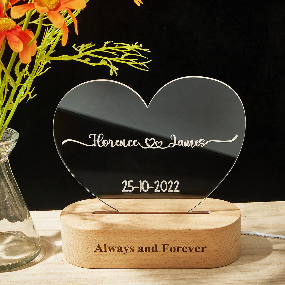 Heart Shaped Acrylic Plaque Personalised Name and Date Night Light