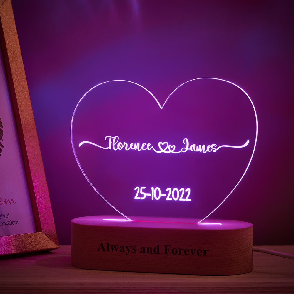 Heart Shaped Acrylic Plaque Personalised Name and Date Night Light