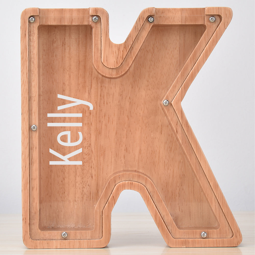 Custom Engraved Name Oak Wooden Letter Piggy Bank