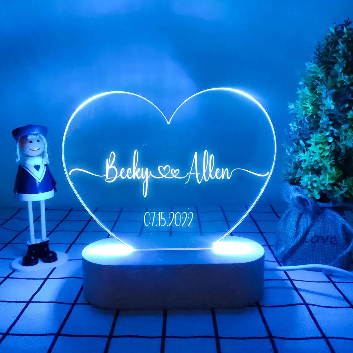 Heart Shaped Acrylic Plaque Personalised Name and Date Night Light