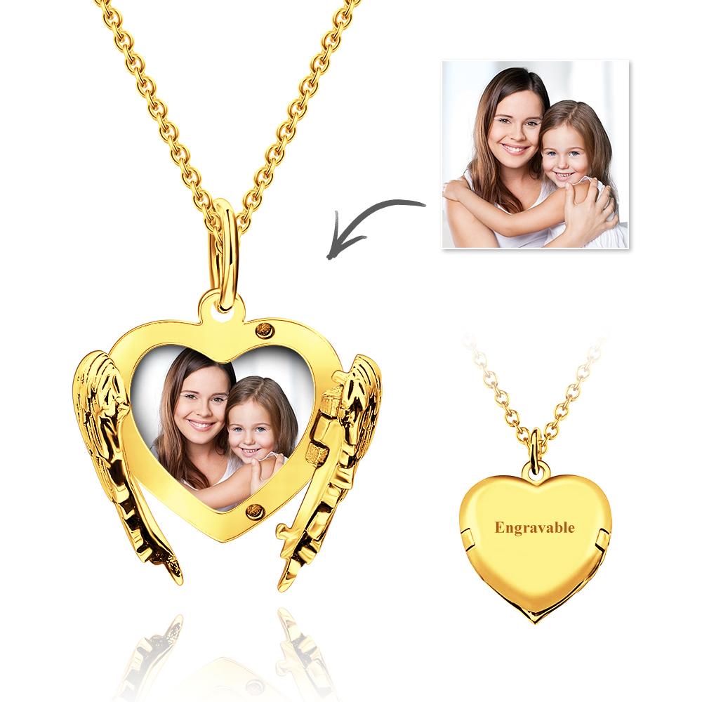 Custom Angel Wings Heart Locket Necklace with Engraving