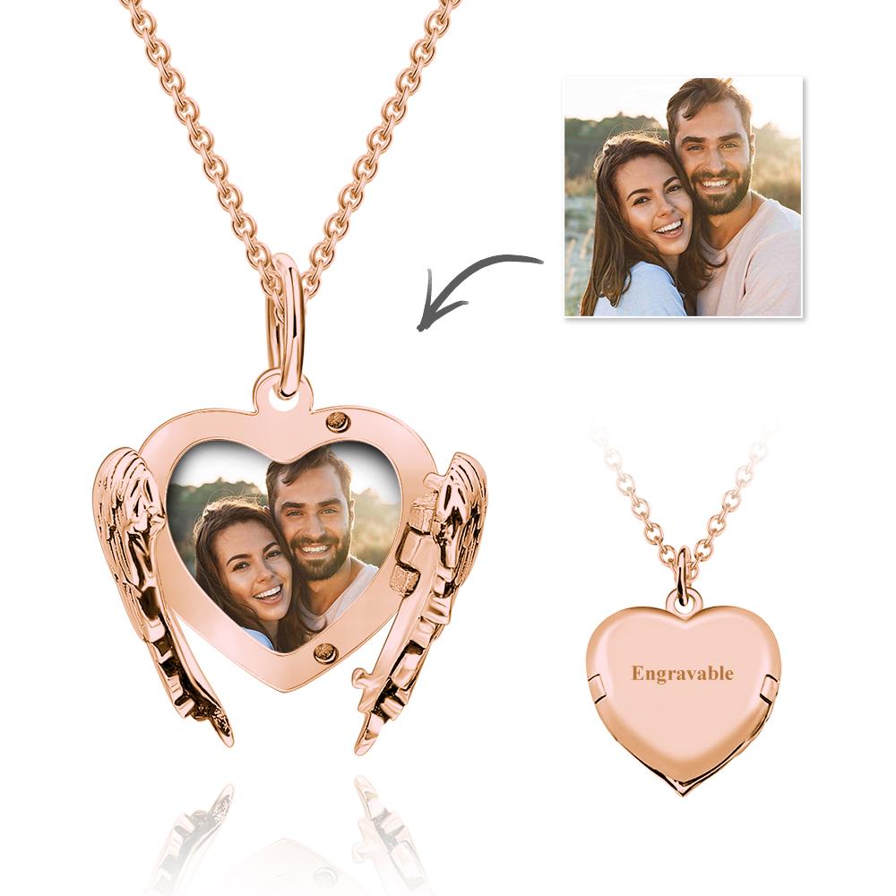 Custom Angel Wings Heart Locket Necklace with Engraving