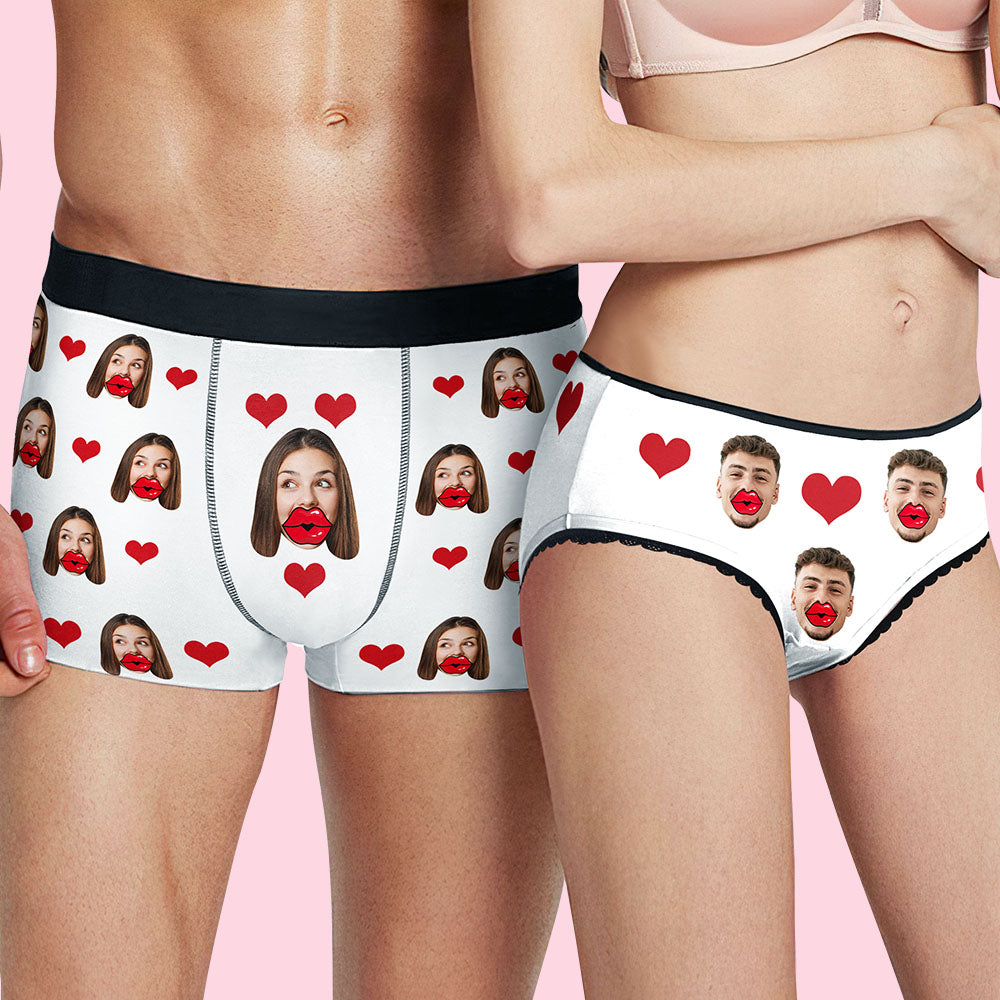 Custom Face Red Lips and Heart Boxer Personalised Men's Underwear