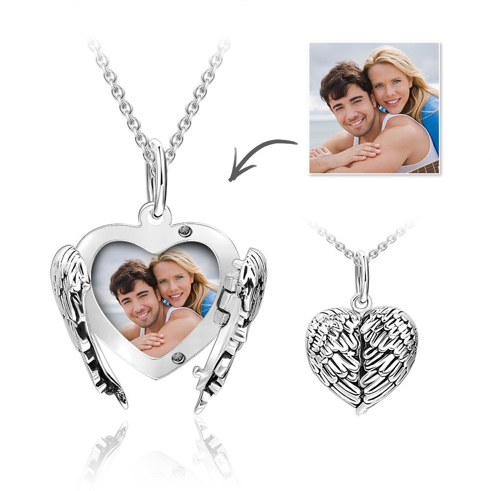 Custom Angel Wings Heart Locket Necklace with Engraving