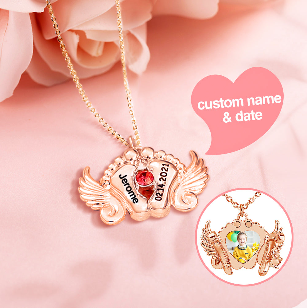 Personalised Angel Feet Locket Birthstone Necklace - 3 Colors