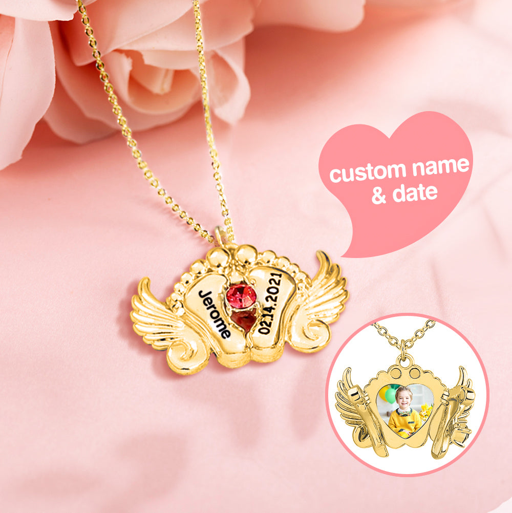 Personalised Angel Feet Locket Birthstone Necklace - 3 Colors