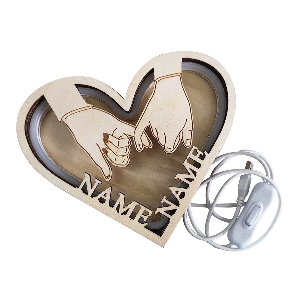 Personalised Couple Name Hand In Hand Wooden Heart Lamp