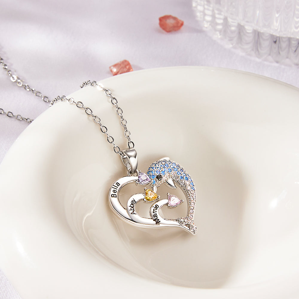 Custom Engraved Three Names Necklace Personalised Birthstone Dolphin Heart Pendant Necklace