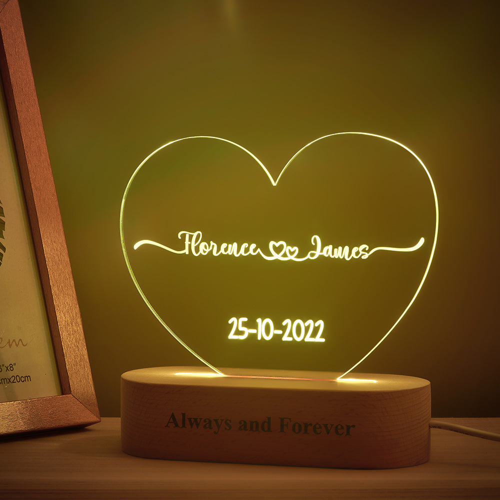 Heart Shaped Acrylic Plaque Personalised Name and Date Night Light