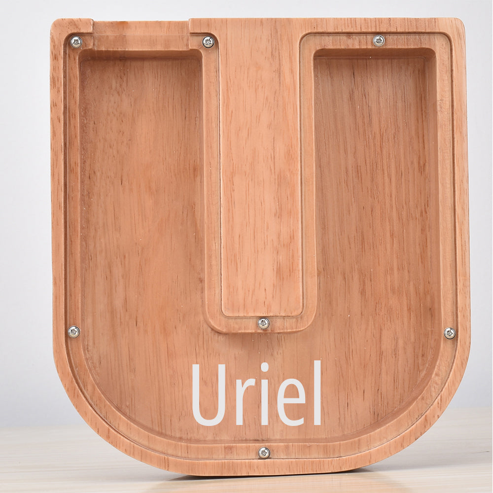 Custom Engraved Name Oak Wooden Letter Piggy Bank