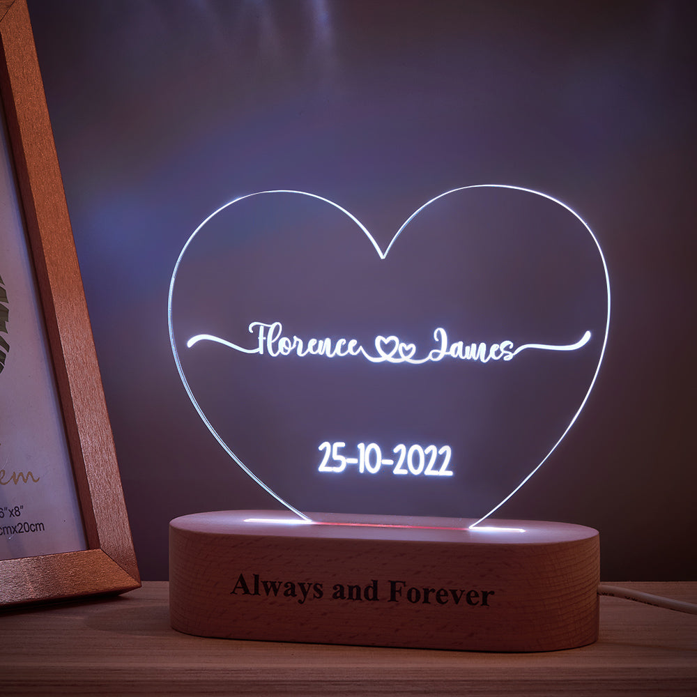 Heart Shaped Acrylic Plaque Personalised Name and Date Night Light