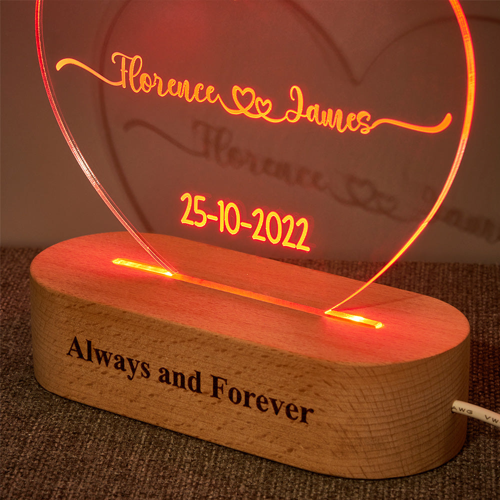 Heart Shaped Acrylic Plaque Personalised Name and Date Night Light