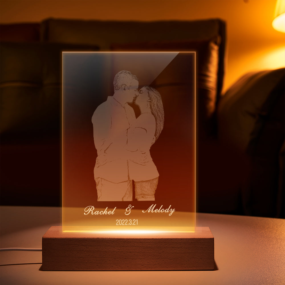 Personalised 2D Carved Photo Night Light Custom Glass Led Night Lamp for Couple
