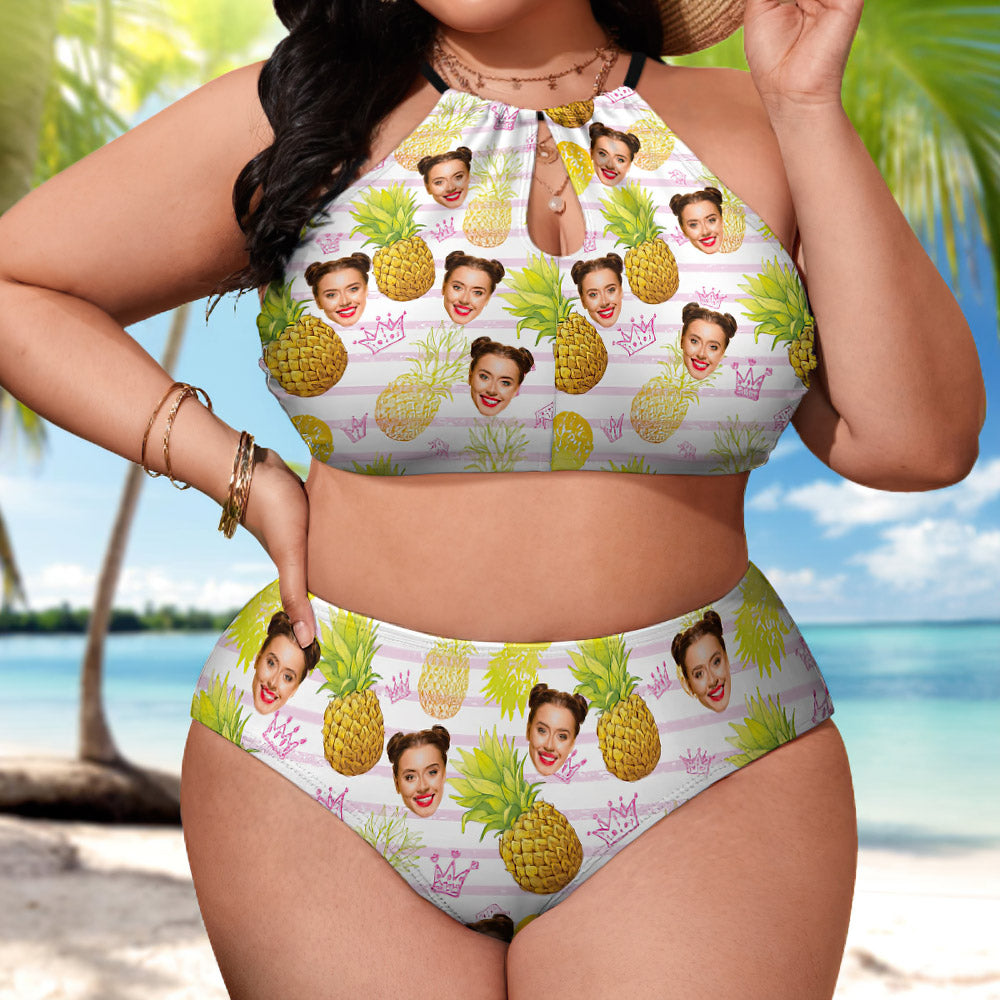 Custom Face Plus Size Swimwear Personalised Pineapple High Waist Bikini Swimsuit