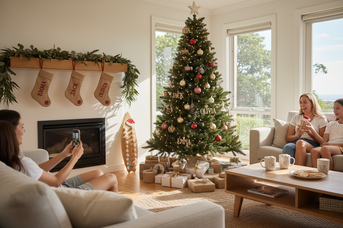 Australian family preparing for Christmas in a cozy home with personalised decorations, custom stockings, engraved ornaments, and photo gifts under a Christmas tree; festive summer setting with natural lighting and local décor elements like eucalyptus