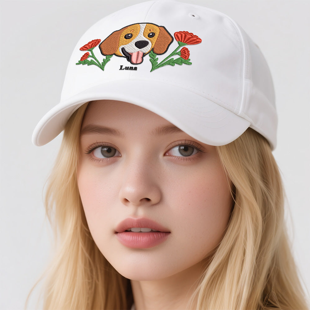 Person wearing a white cap with a dog and flower design on a plain background