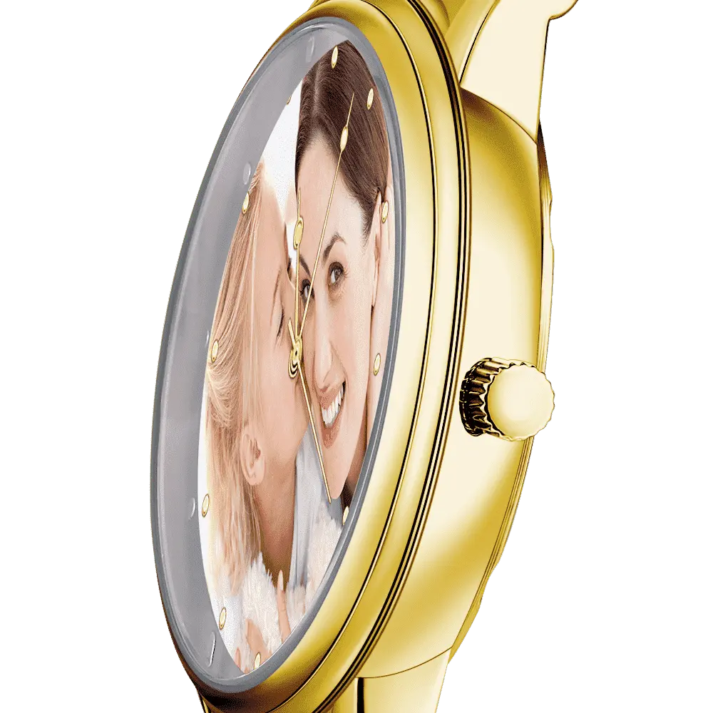 Gold watch with a photo of a woman on the face