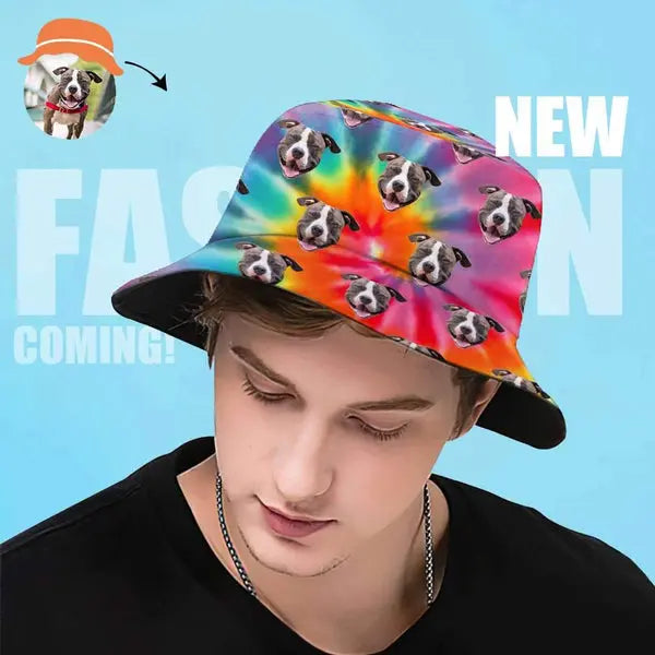 Person wearing a tie-dye bucket hat with dog faces, with promotional text on a blue background.