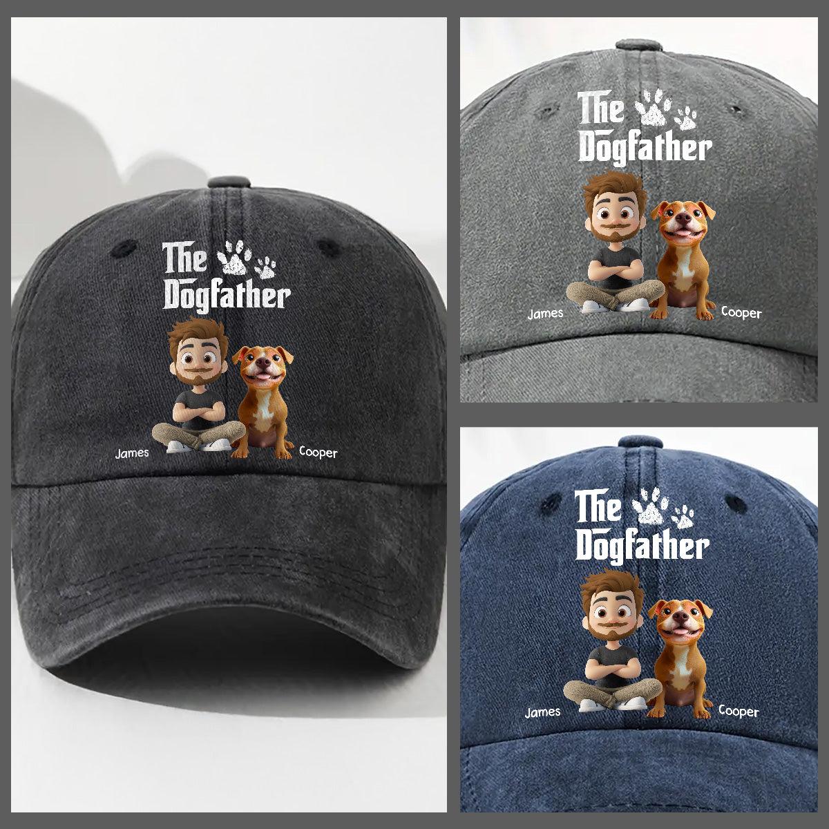 Three baseball caps with 'The Dogfather' design featuring cartoon characters and text.