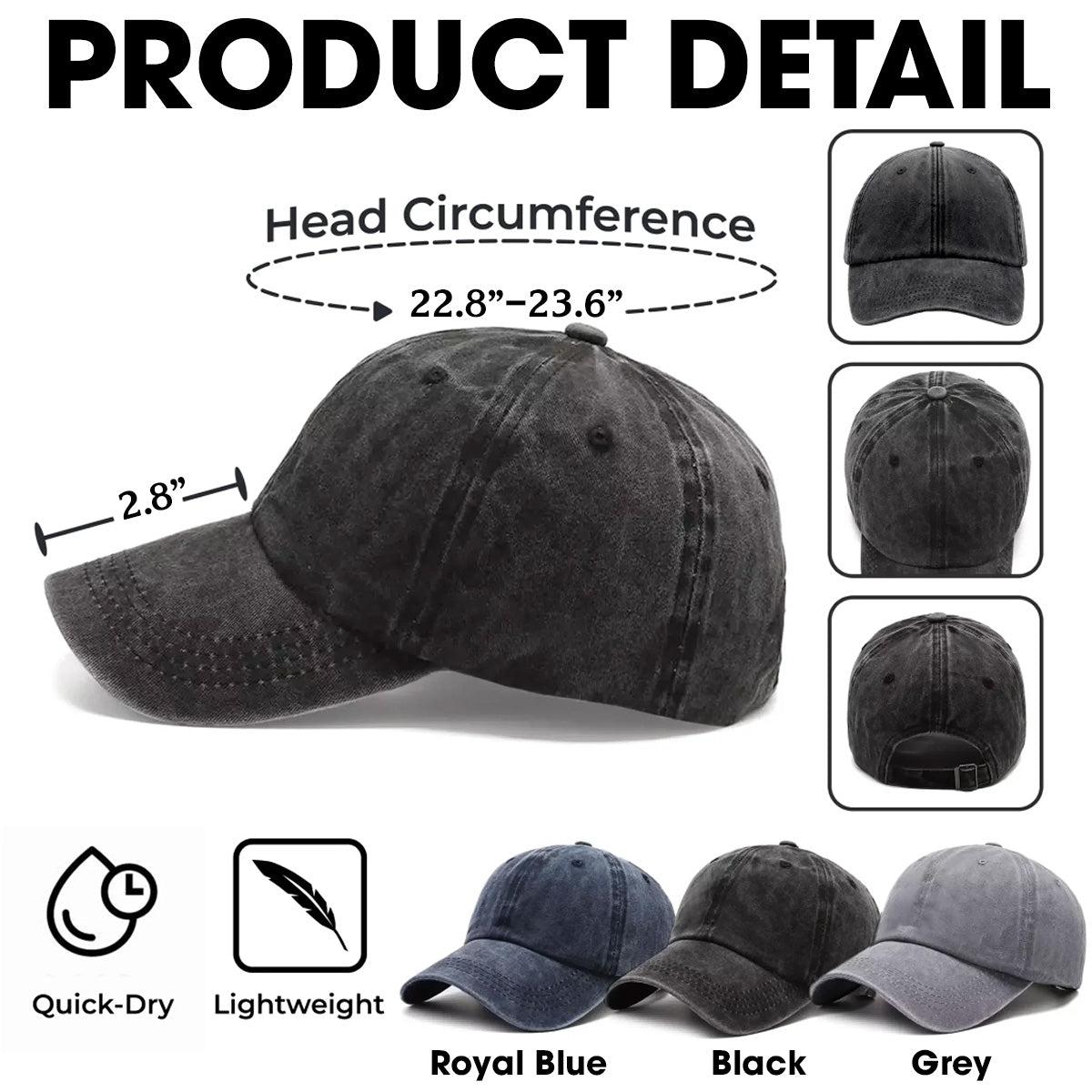 Black baseball cap with measurements and color options displayed.