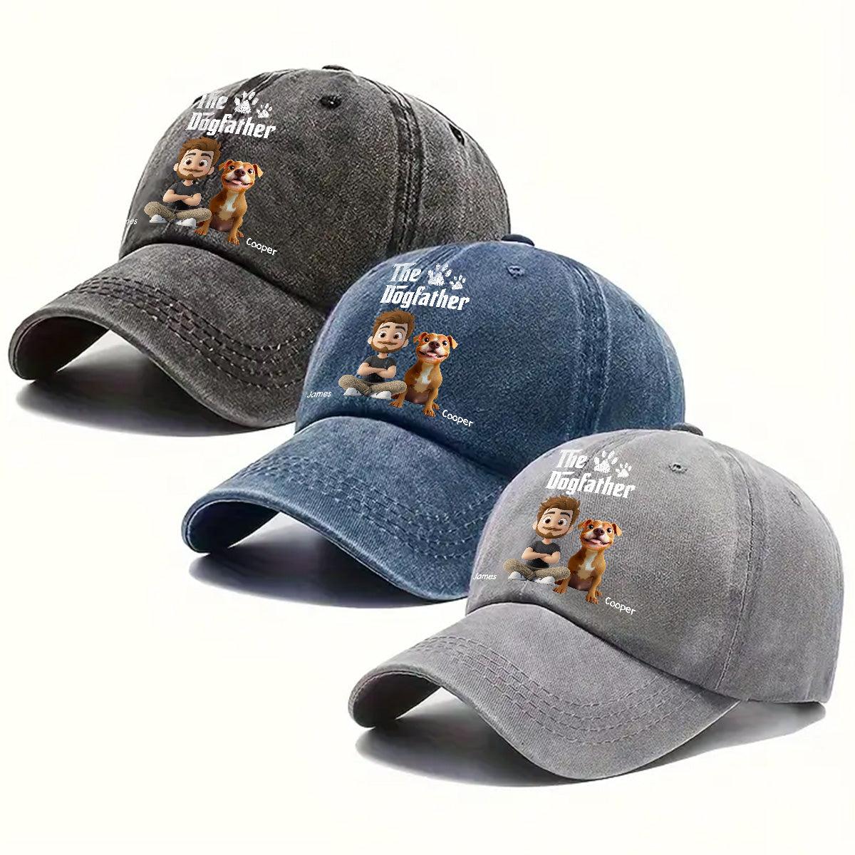 Three baseball caps in gray, blue, and gray with embroidered designs on a white background.