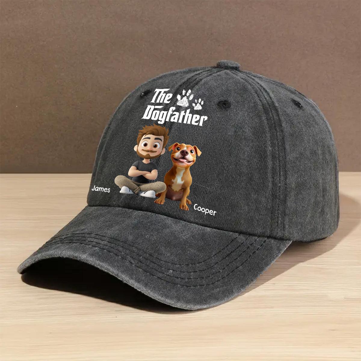 Gray cap with 'The Dogfather' design featuring a cartoon boy and dog on a wooden surface.