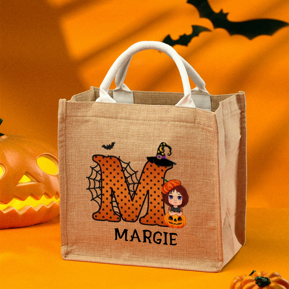 Personalised Cartoon Character Pumpkin Design Trick or Treat Candy Jute Tote Bag with Initial & Name Halloween Party Favors Gift for Kids