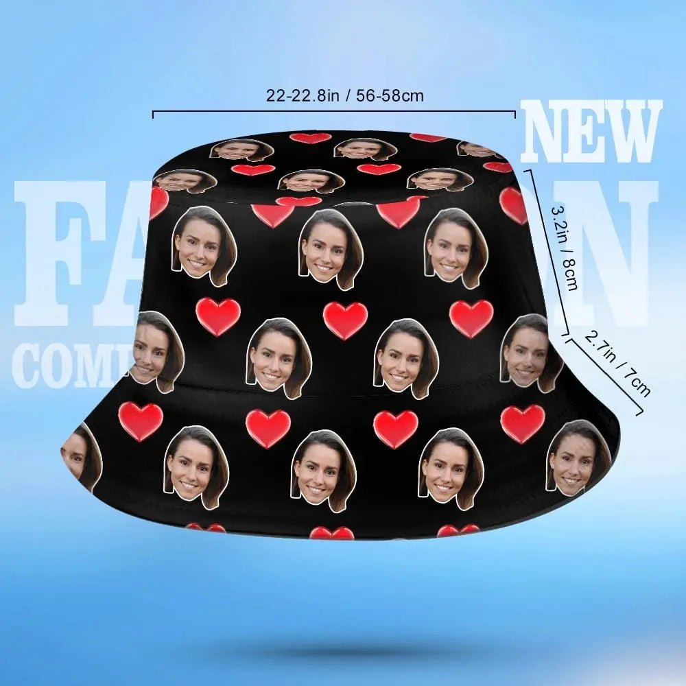 Custom Face Bucket Hat Personalised Heart Print Summer Unisex Fisherman Hat