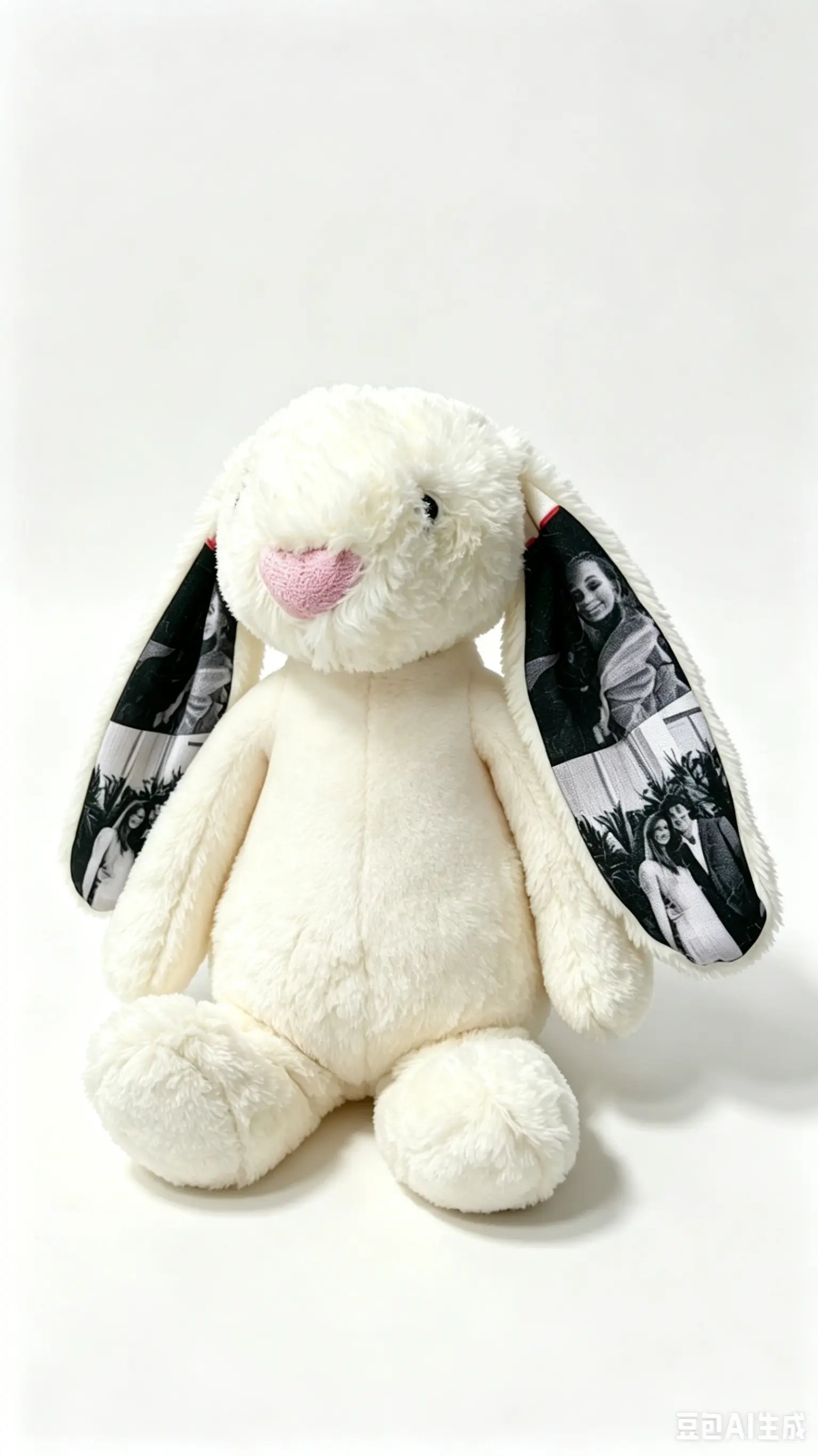White plush bunny with black and white photo prints on ears against a white background