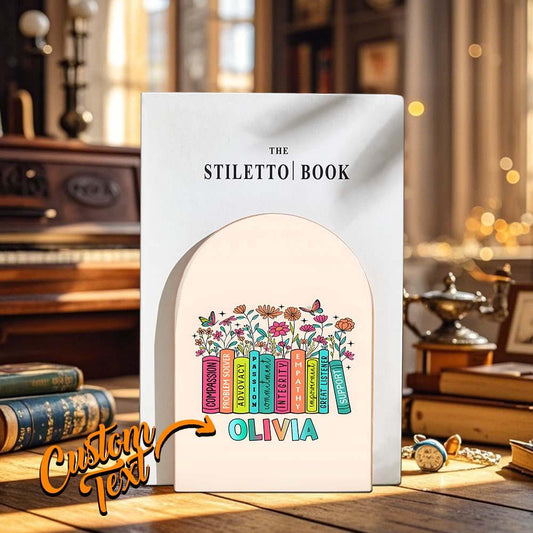 Personalised Wood Bookends with Name Floral Bookend Back to School Appreciation Gift for Teacher