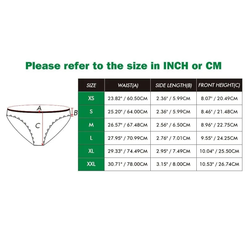 Size chart for underwear with measurements in inches and centimeters