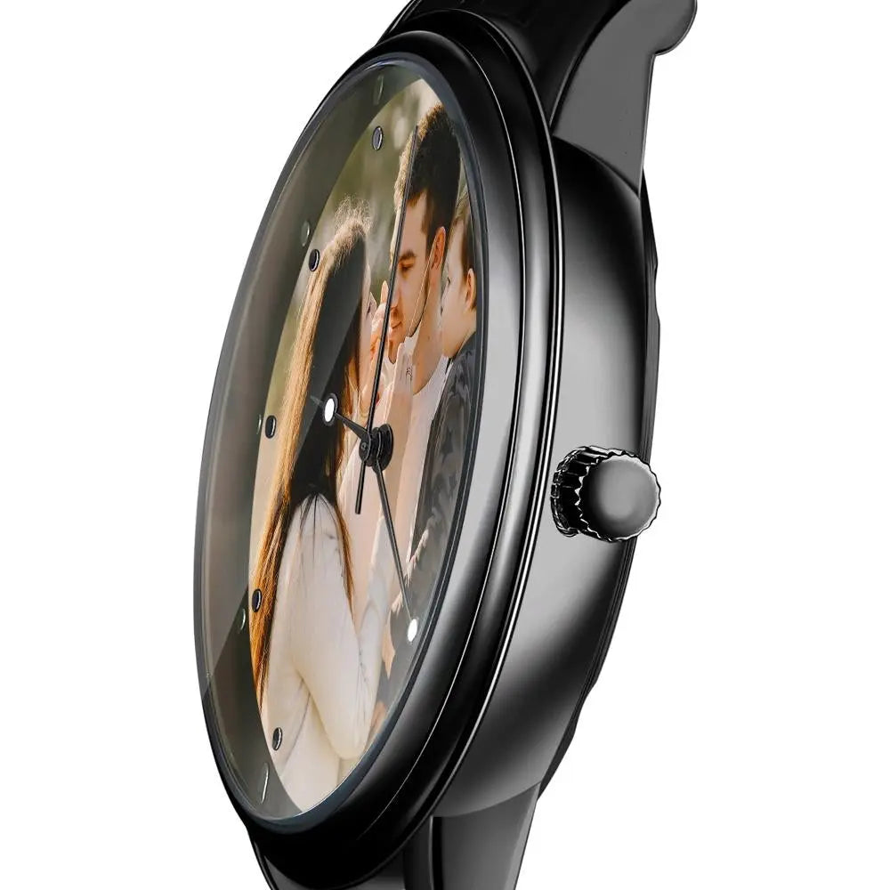Black wristwatch with a photo of a couple on the dial against a white background