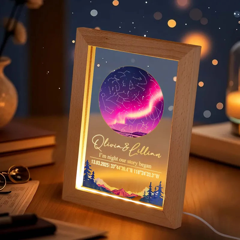 Lighted wooden frame with a personalized design on a table with a blurred background