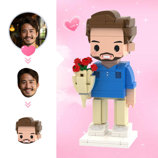 Custom Cute Head Brick Figures Personalised 1 People Brick Figures Man with Rose Brick Figures