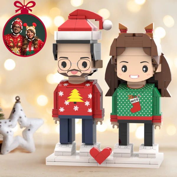 Personalised Christmas Dress Couple Brick Figures Custom Head 2 People Cute Brick Figures Small Particle Block Toy