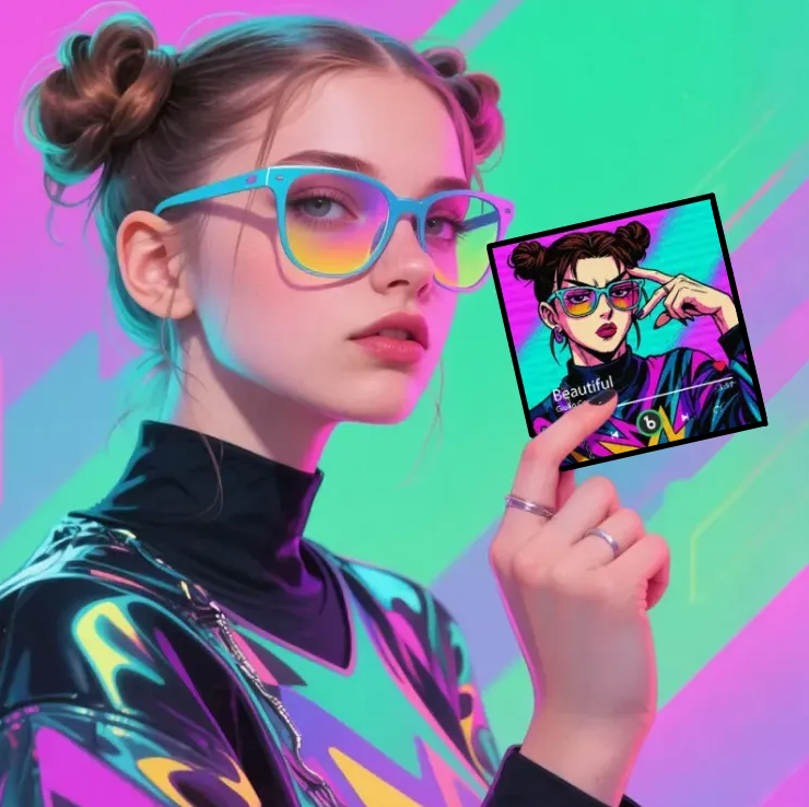 Person wearing colorful glasses holding a small mirror with a stylized reflection on a vibrant background