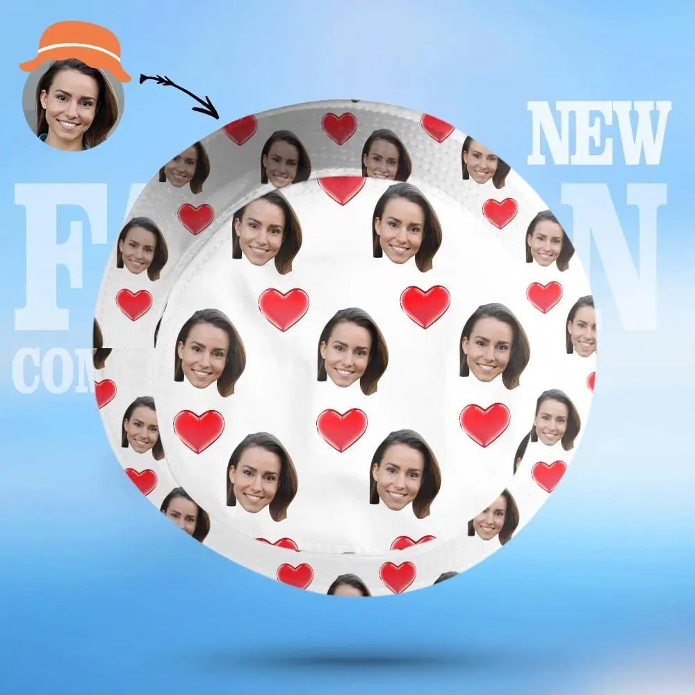 Custom Face Bucket Hat Personalised Heart Print Summer Unisex Fisherman Hat